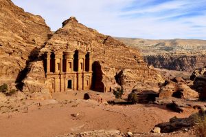 A view of the Monastery at Petra from the top of a nearby hill.